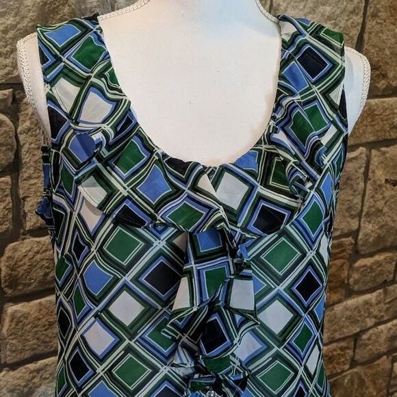 Banana Republic blouse top size medium diamond blue green print ruffle - Picture 2 of 6